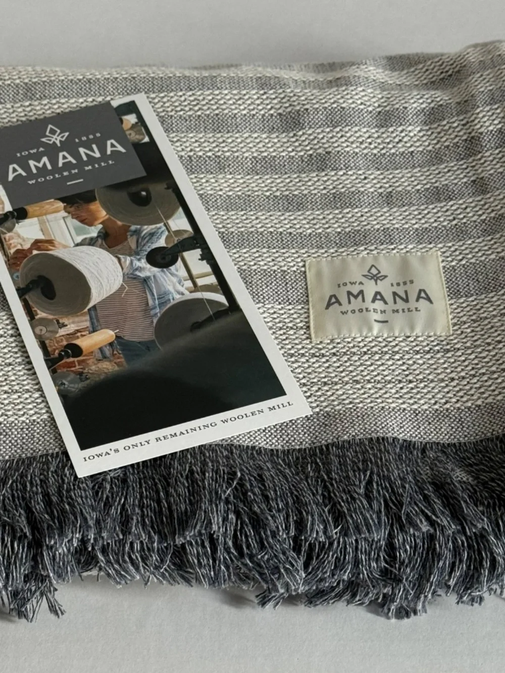 NEW! Amana Woolen Mill 100% Cotton Throw (Color: Gray/Blue/White)